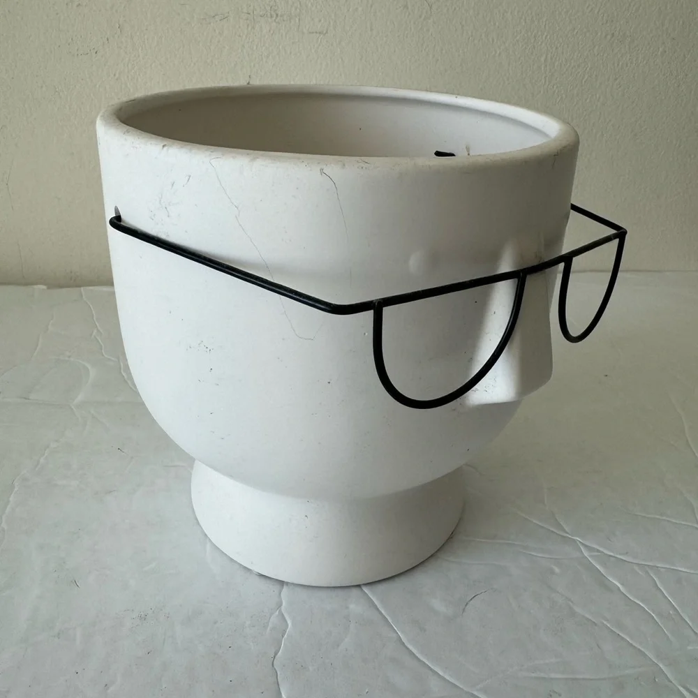 Face with glasses 6in ceramic planter white